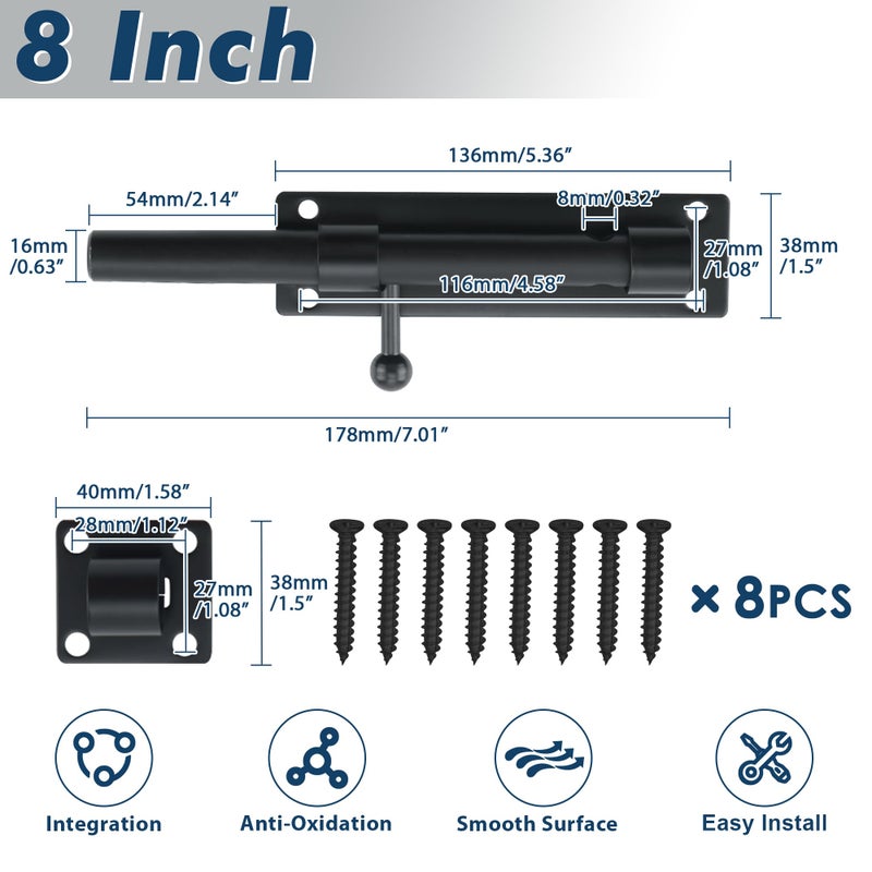 Alise 8 inch Barrel Bolt Latch,Slide Bolt Latch,Heavy Duty Solid SUS304 Stainless Steel Slide Lock for Wooden Fence,Barn Door,Interior or Outdoor Door Matte Black MS9000-B - Image 2